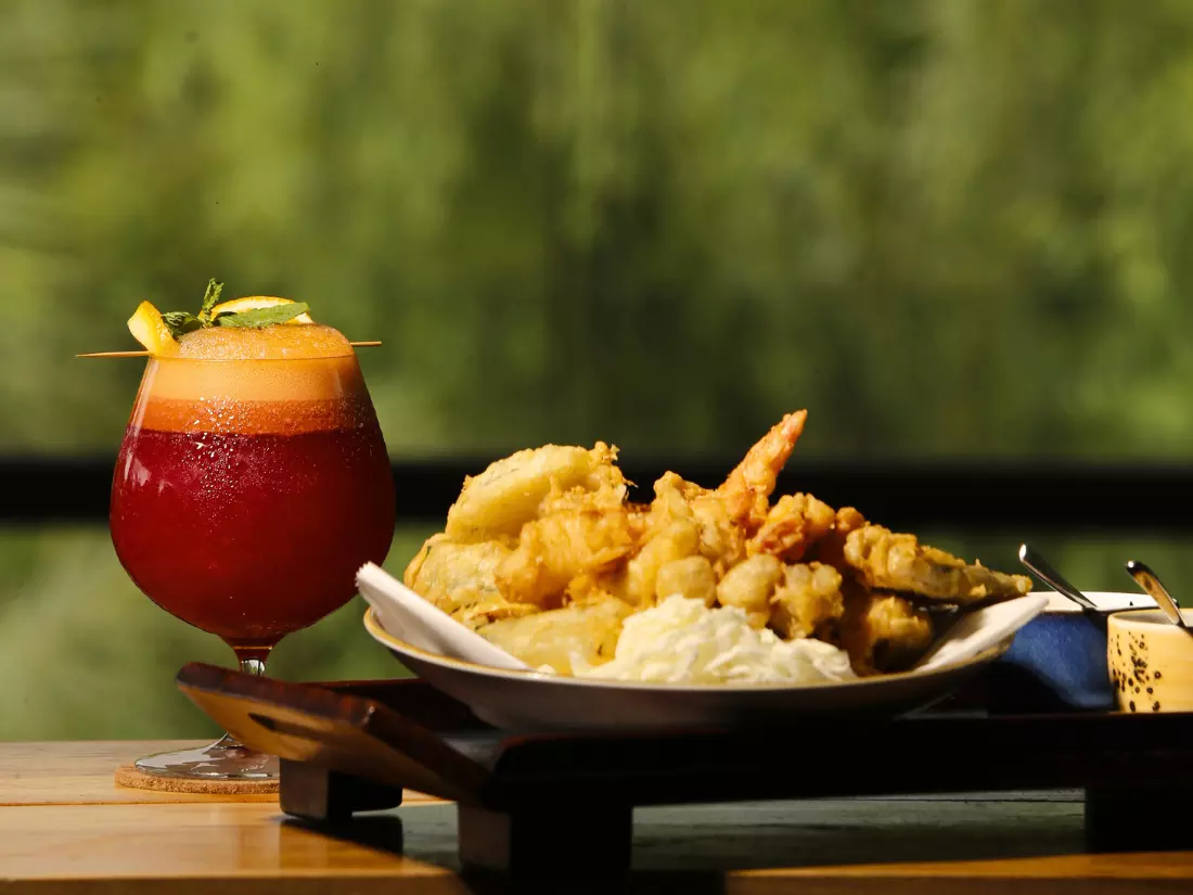 Vegetable Tempura and wellbeing drink with nature background