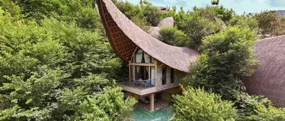 Mountain View Pool Villa with private pool, surrounded by forested mountains and rice terraces.