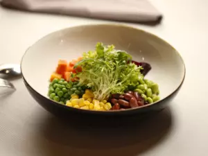 A plate of food on the table with greeneries background